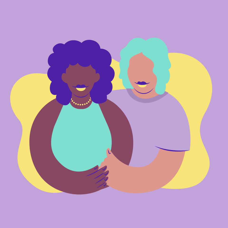 Illustration of mother and supporting adult for Black Maternity Matters